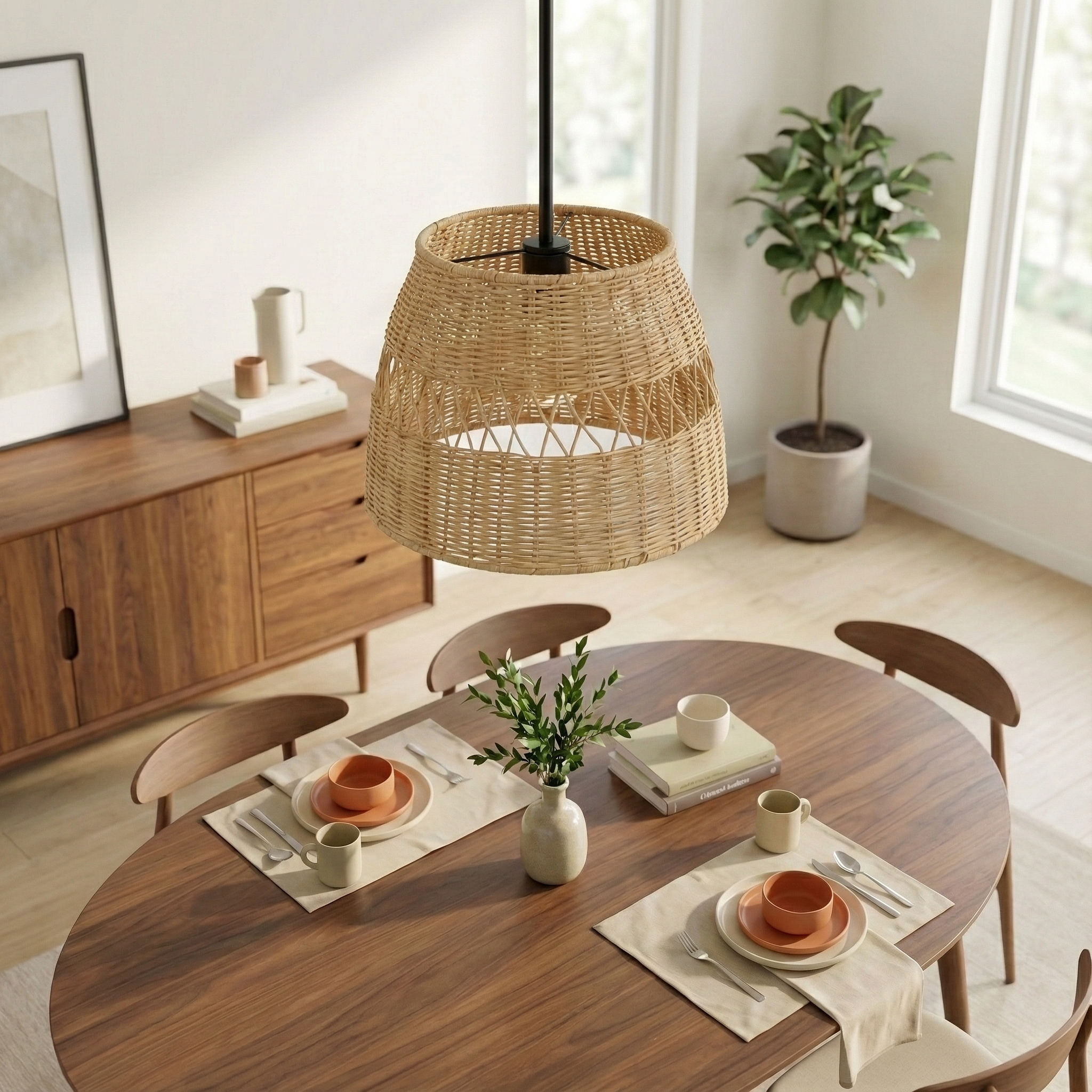 Essence Single Lights Pendant With Rattan Shade  Black Metal Finish for Farmhouse Style