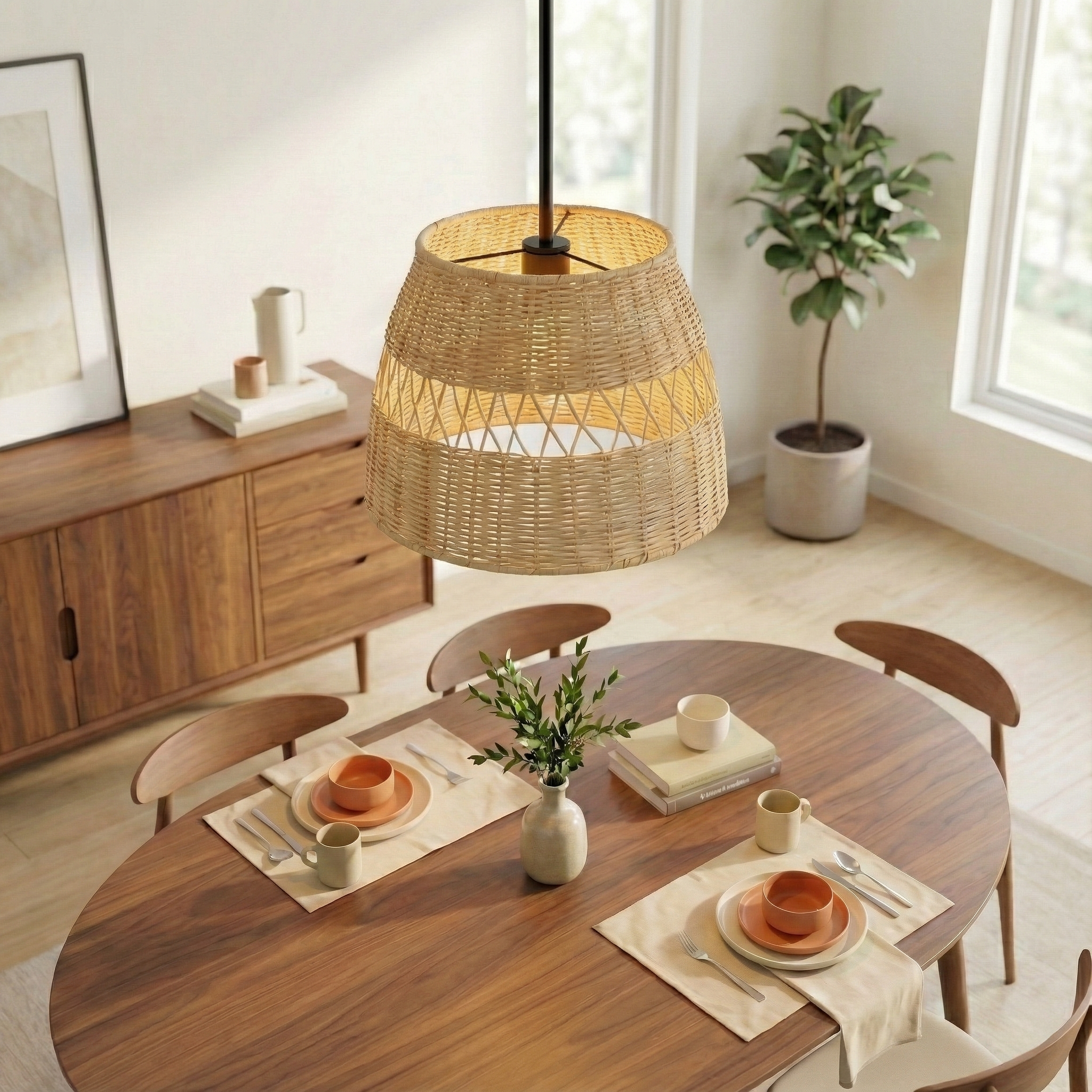 Essence Single Lights Pendant With Rattan Shade  Black Metal Finish for Farmhouse Style
