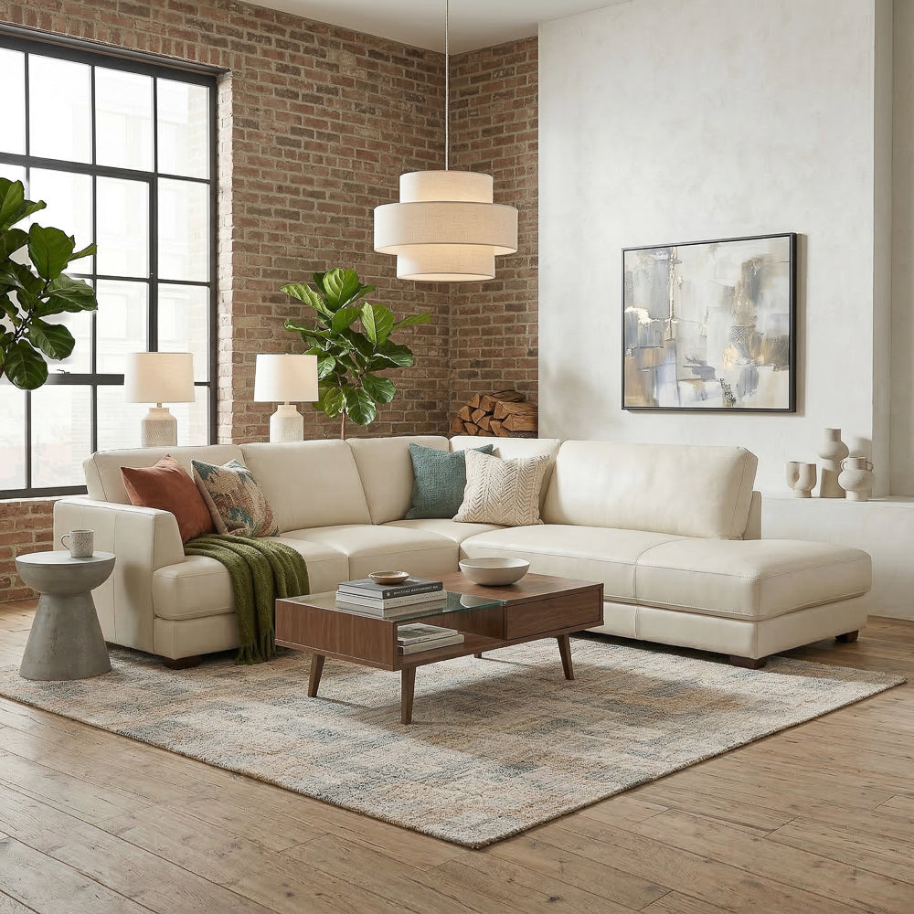 Glendale Cream Real Leather Right Sectional Sofa