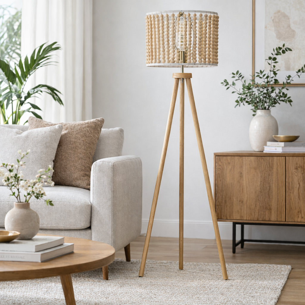 Halo Organic Bead Three Legged Floor Lamp - Natural