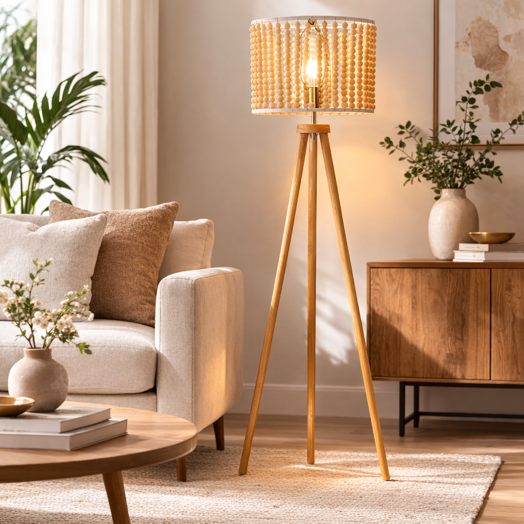 Halo Organic Bead Three Legged Floor Lamp - Natural