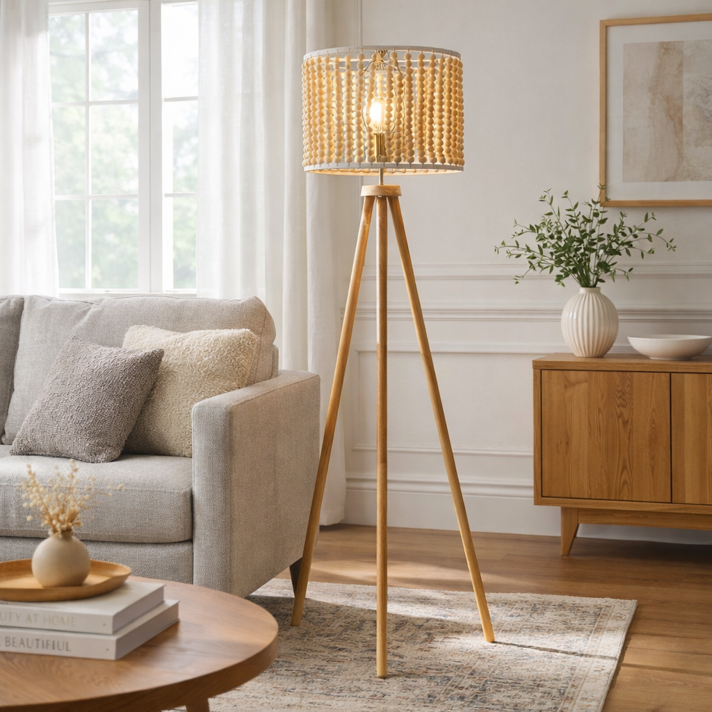 Halo Organic Bead Three Legged Floor Lamp - Natural