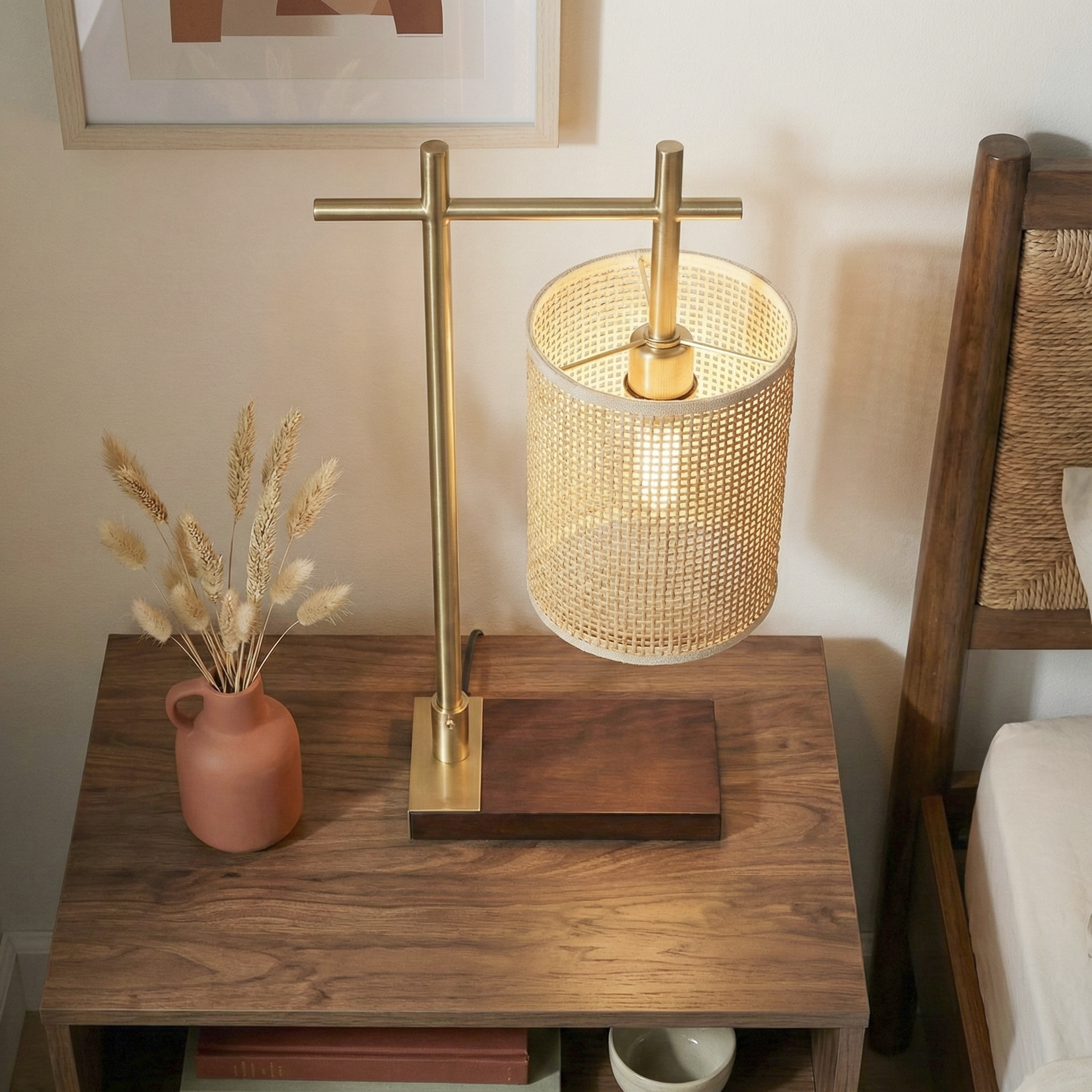 Helios Bamboo Lampshade Table Lamp - Dark Brown - Bronze