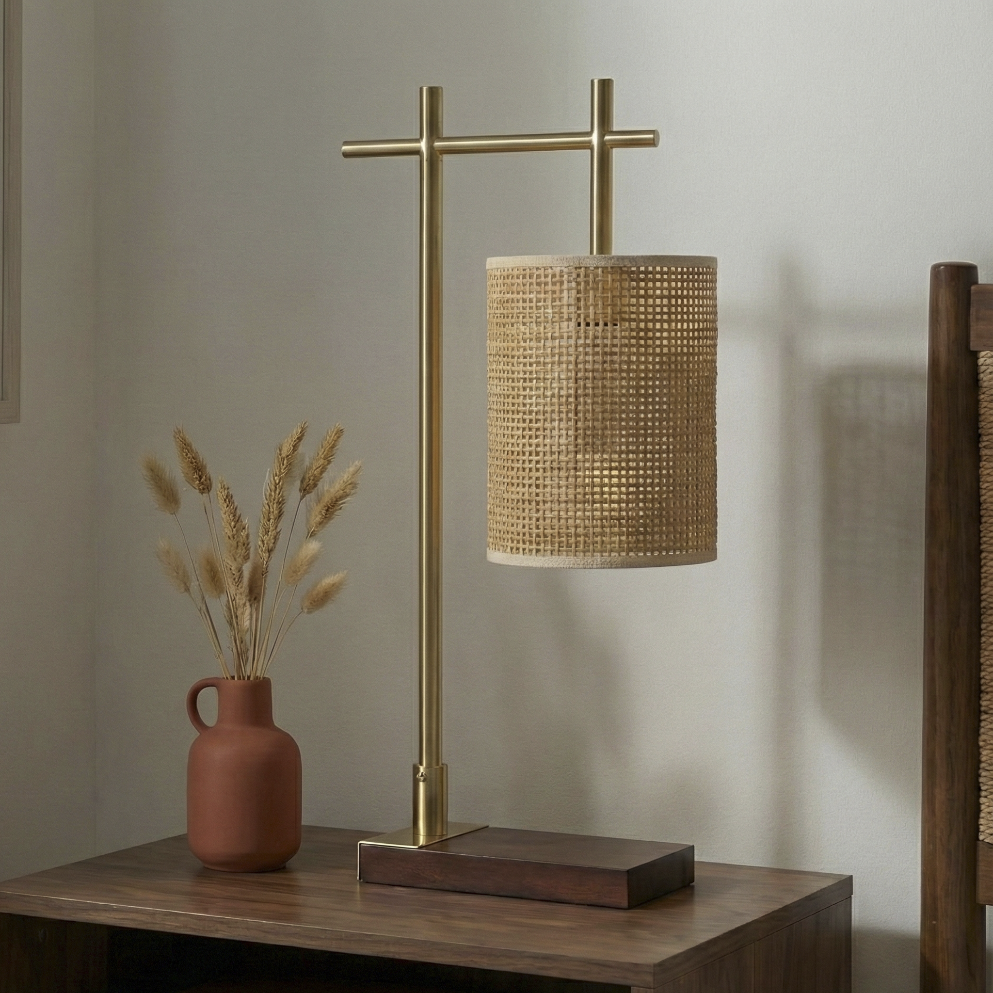 Helios Bamboo Lampshade Table Lamp - Dark Brown - Bronze