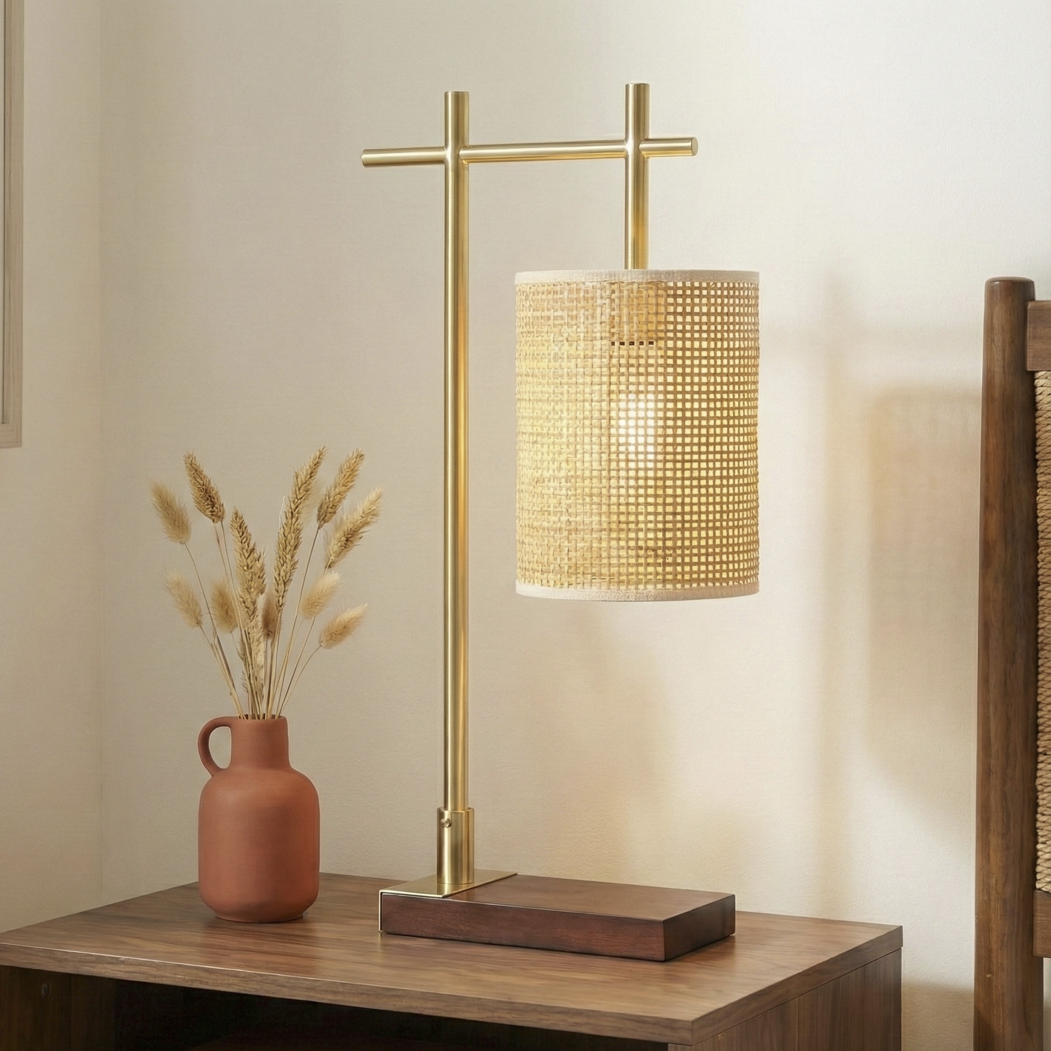 Helios Bamboo Lampshade Table Lamp - Dark Brown - Bronze