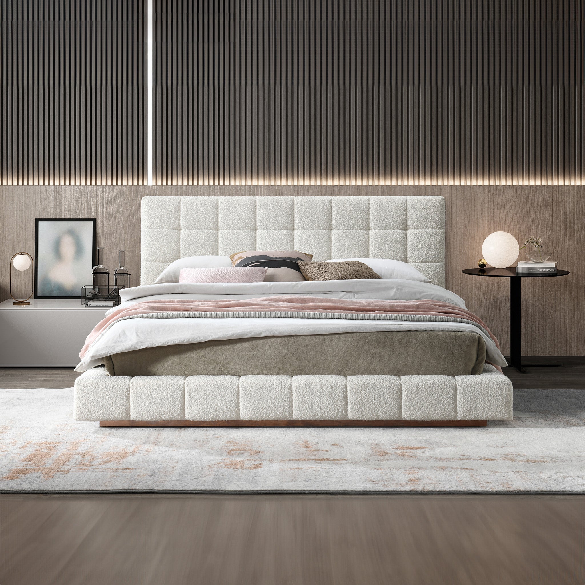 Hughes Queen Ivory Boucle Platform Bed