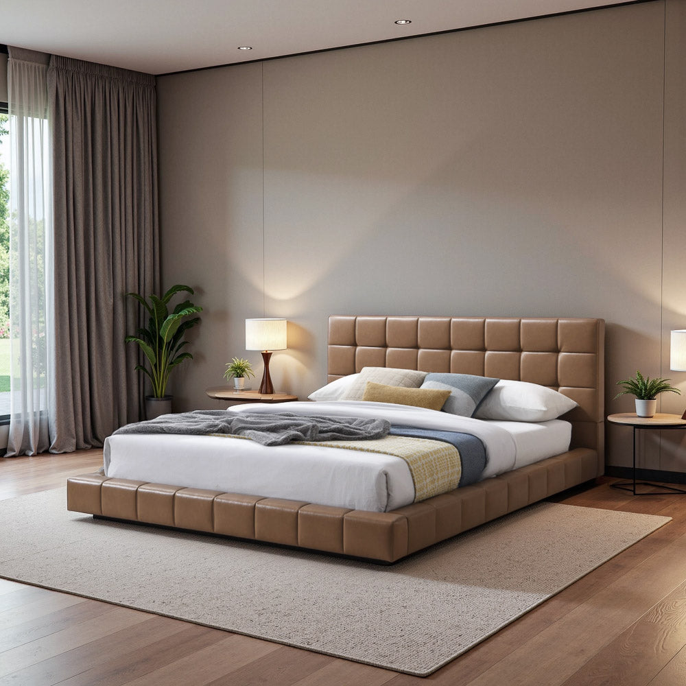Hughes Queen Tan Vegan Leather Platform Bed