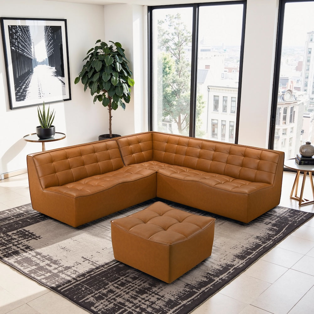 Linden Cognac Vegan Leather Corner Sectional Sofa