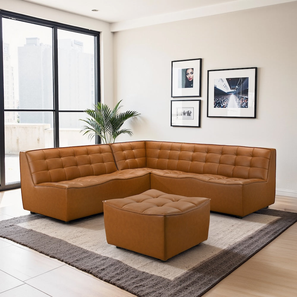 Linden Cognac Vegan Leather Corner Sectional Sofa