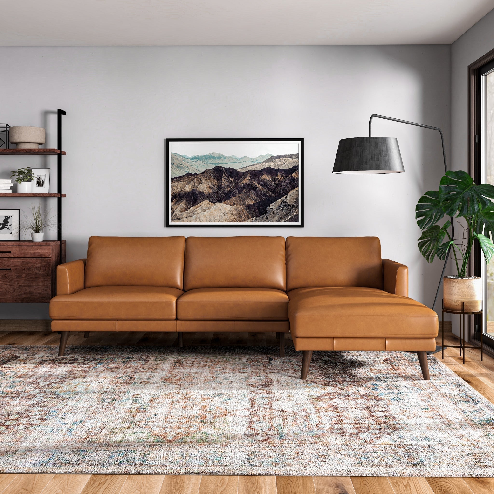 Lorena Tan Leather Sectional Sofa Right Facing Chaise
