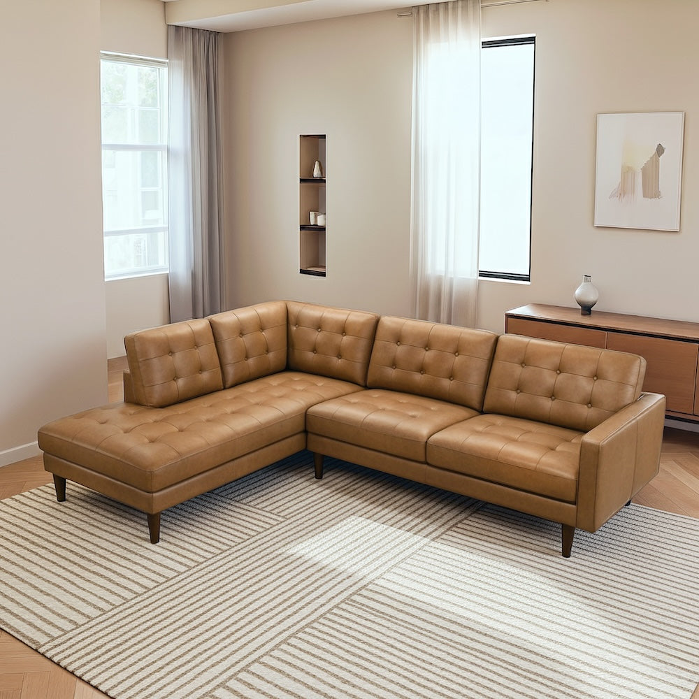 Lugano L-Shaped Genuine Tan Leather Left-Facing Sectional Sofa