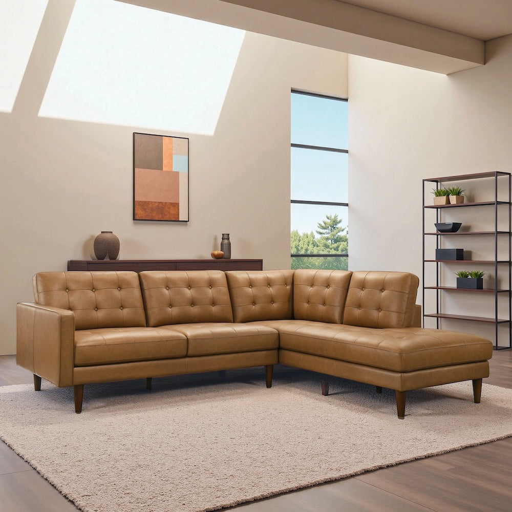 Lugano L-Shaped Genuine Tan Leather Right-Facing Sectional Sofa