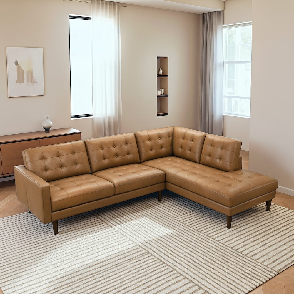 Lugano L-Shaped Genuine Tan Leather Right-Facing Sectional Sofa