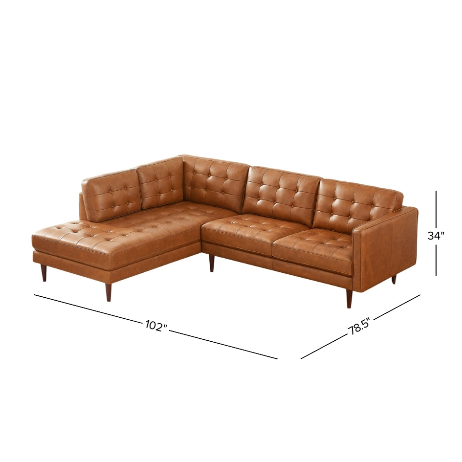 Lugano L-Shaped Genuine Tan Leather Left-Facing Sectional Sofa