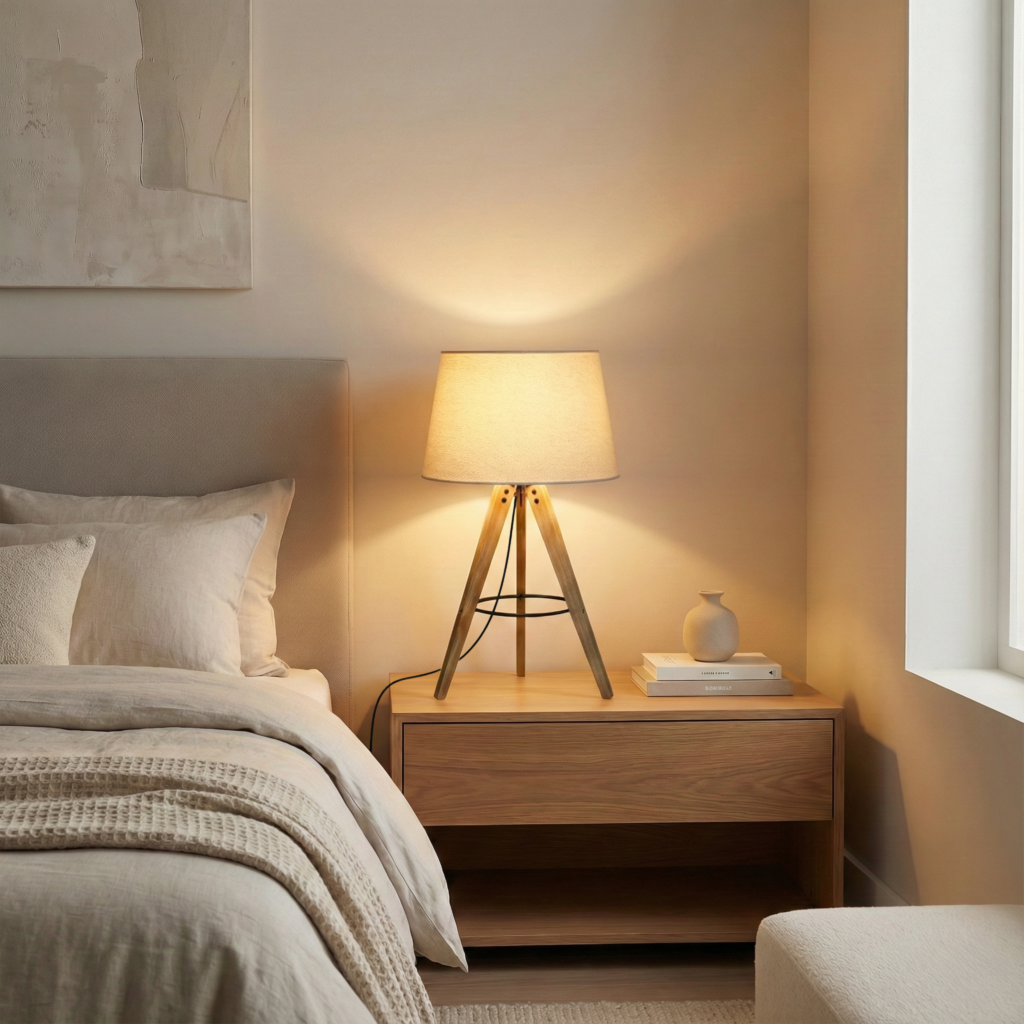 Lyra Three Legged Nightstand and Modern Table Lamp