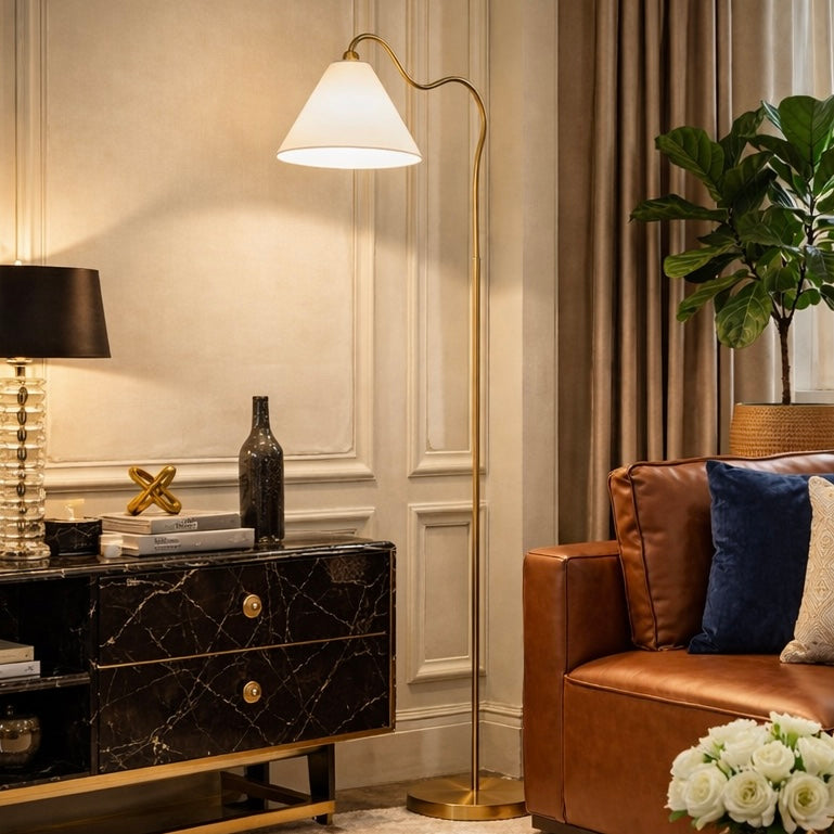 Majestic Brass Ring Base Floor Lamp with Triangle White Drum Shade