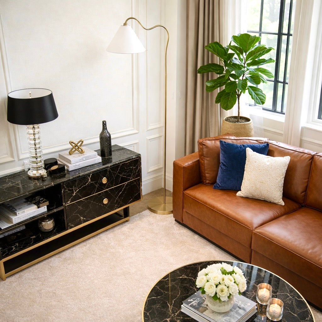 Majestic Brass Ring Base Floor Lamp with Triangle White Drum Shade
