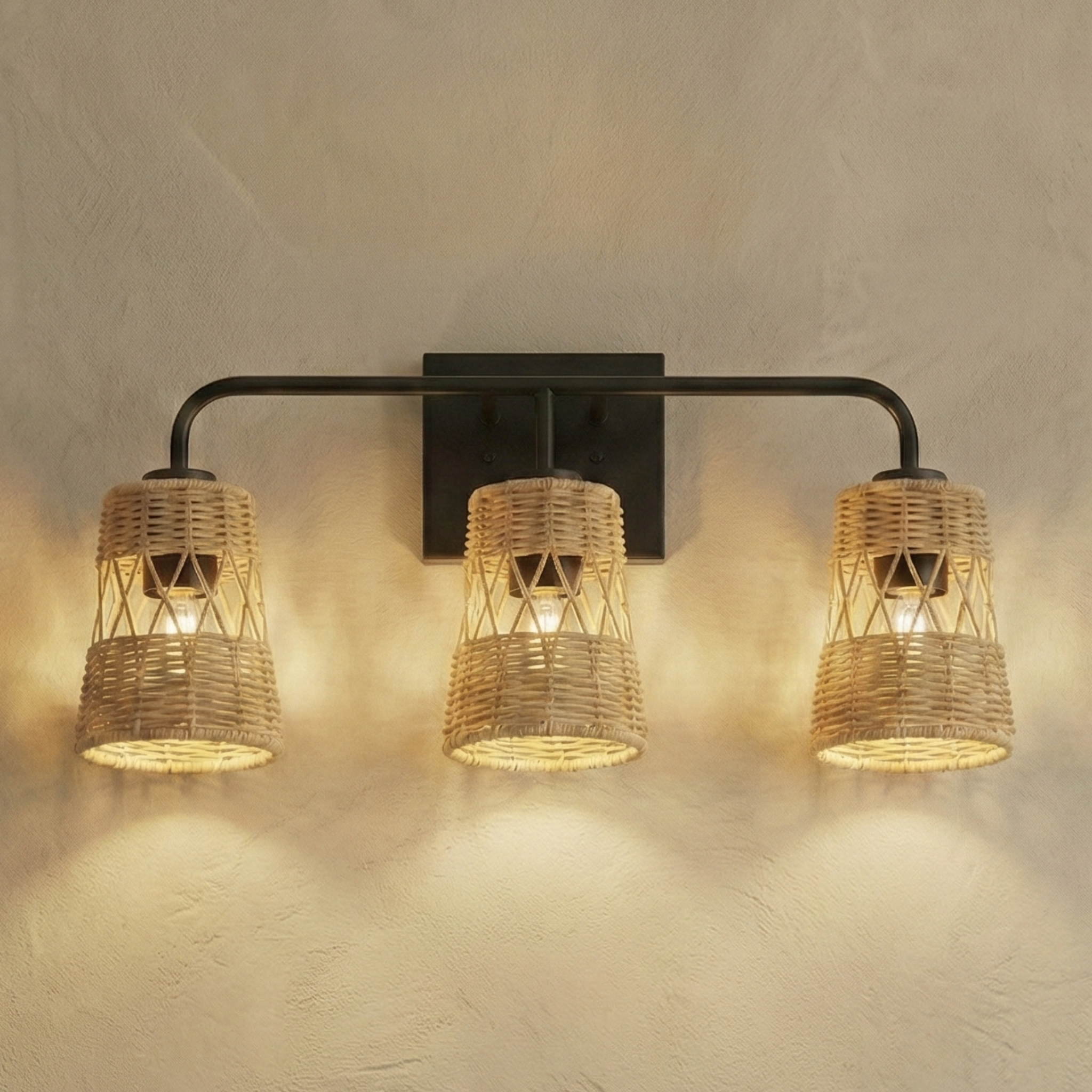 Moonlit Three Lights Wall Sconce With Rattan Shade, Bathroom Lighting Fixtures Over Mirror