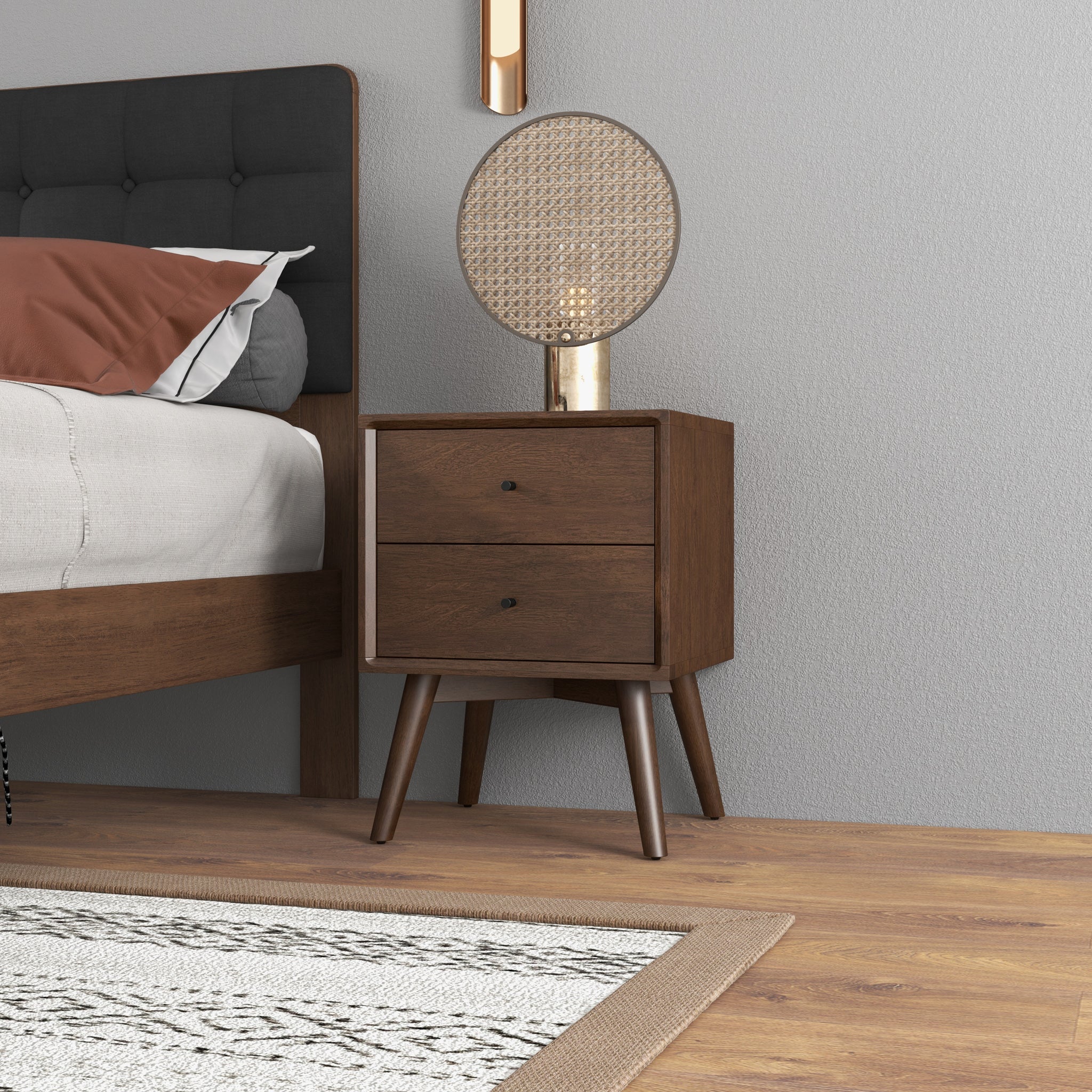 Noak Mid Century Modern Style Nightstand Walnut 2-Drawers