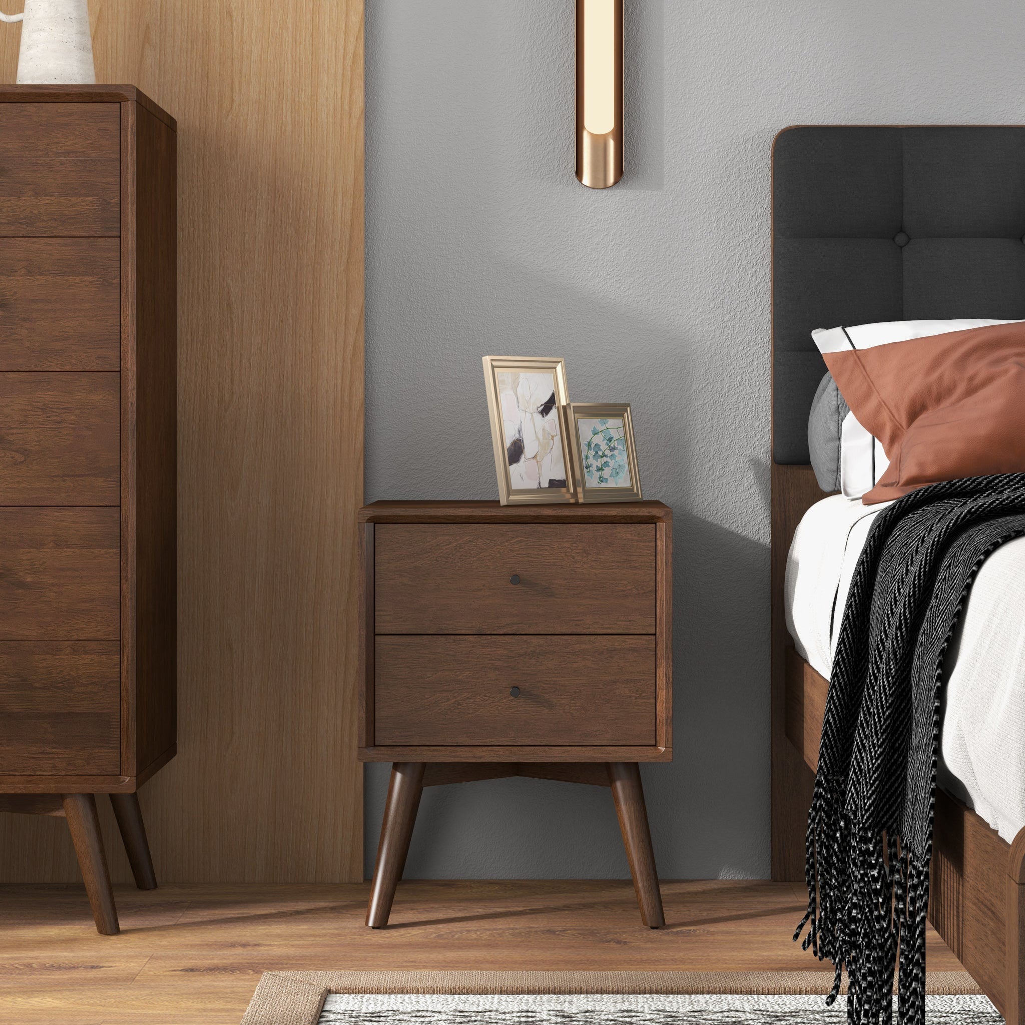 Noak Mid Century Modern Style Nightstand Walnut 2-Drawers