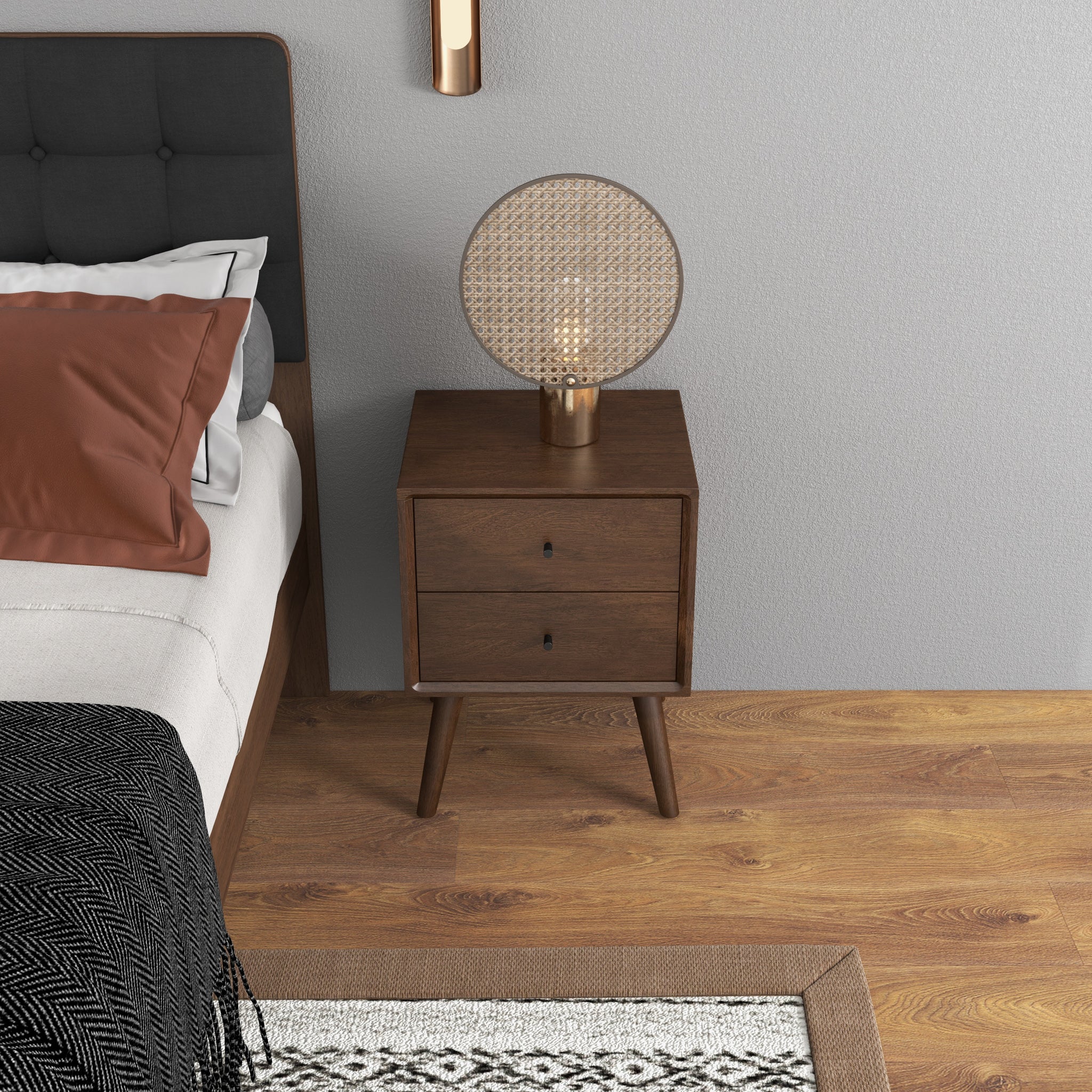 Noak Mid Century Modern Style Nightstand Walnut 2-Drawers
