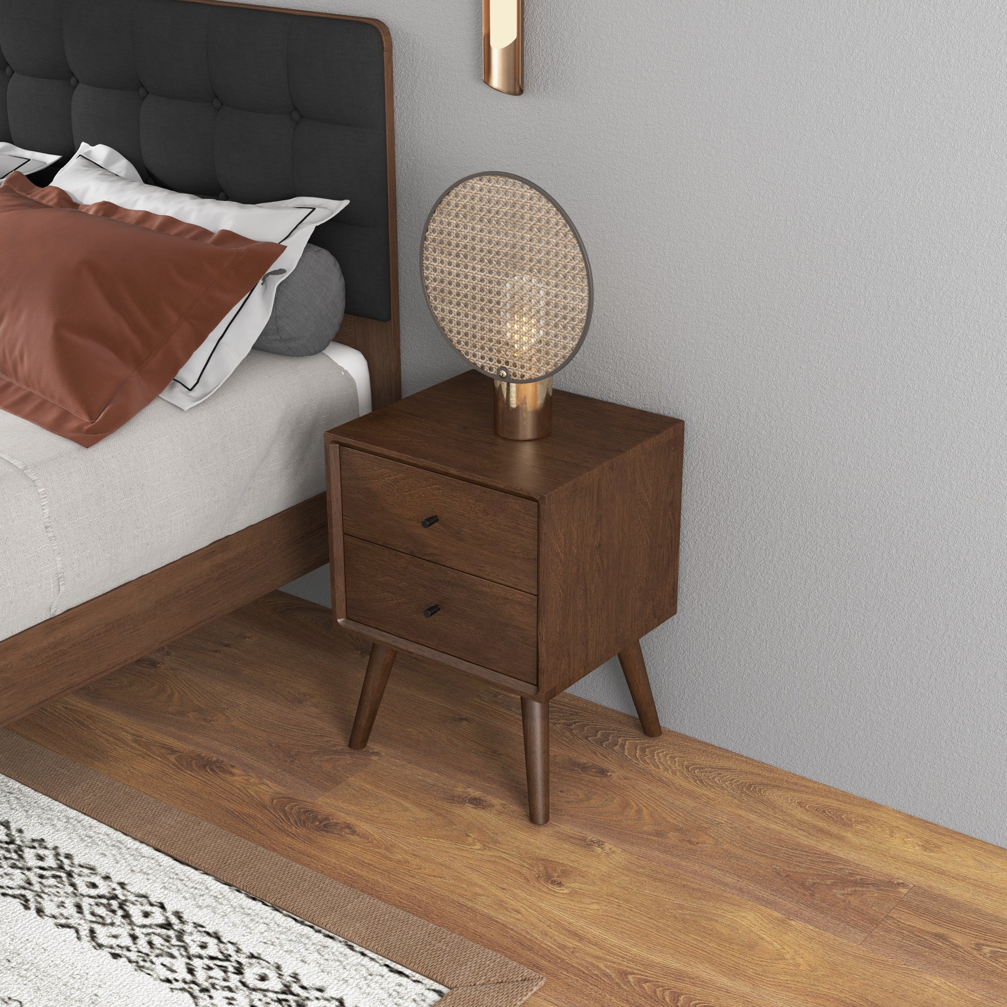 Noak Mid Century Modern Style Nightstand Walnut 2-Drawers
