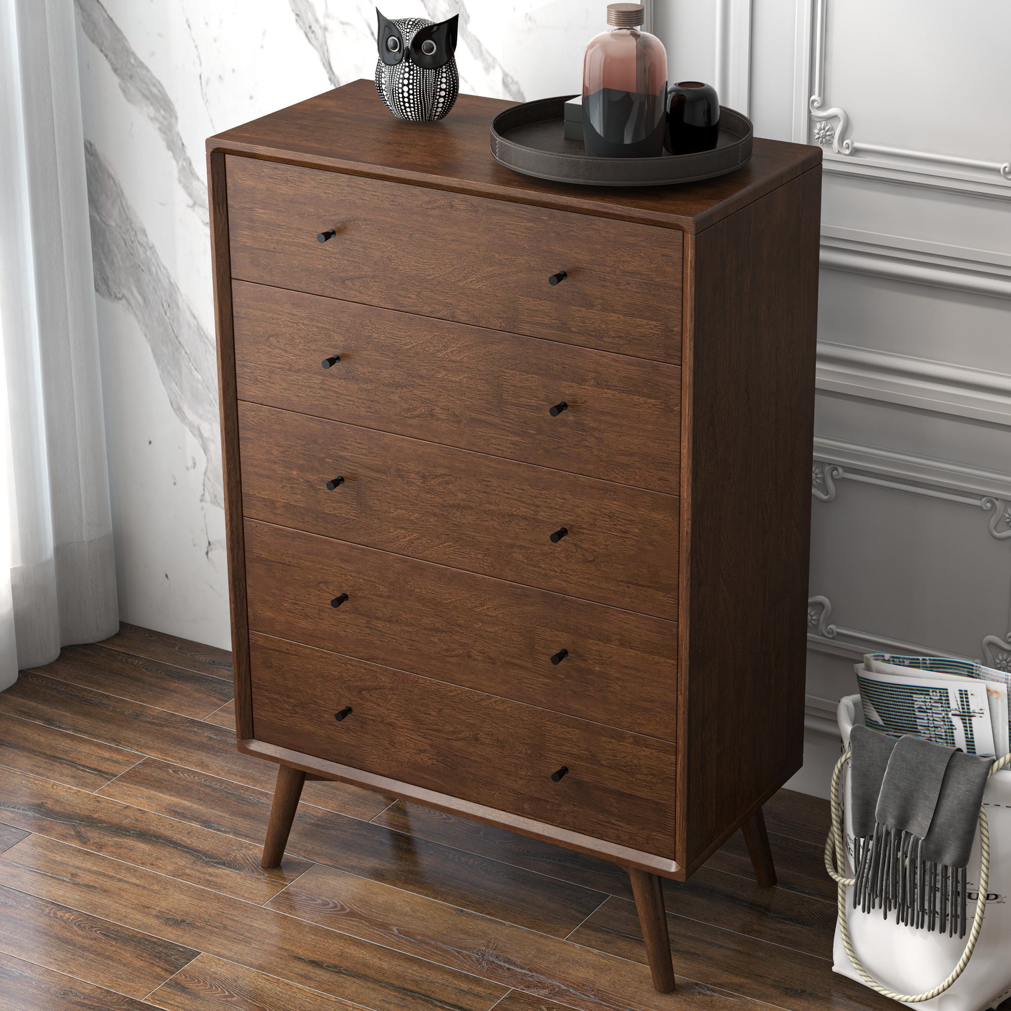 Noak Mid-Century Modern Walnut Dresser with 5 Drawers