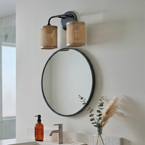 Quell Double Light Vanity With Natural Rattan Shade Wall Lamp