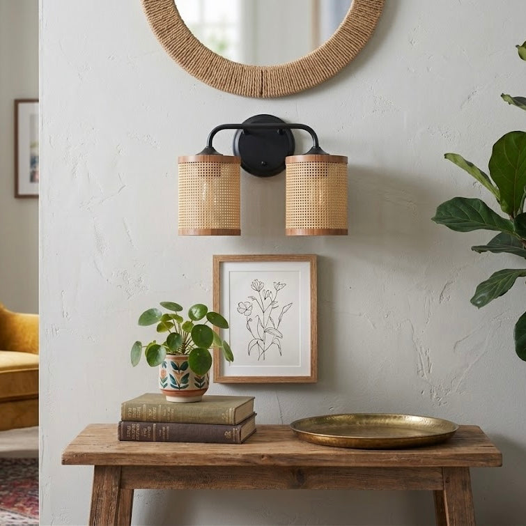 Quell Double Light Vanity With Natural Rattan Shade Wall Lamp