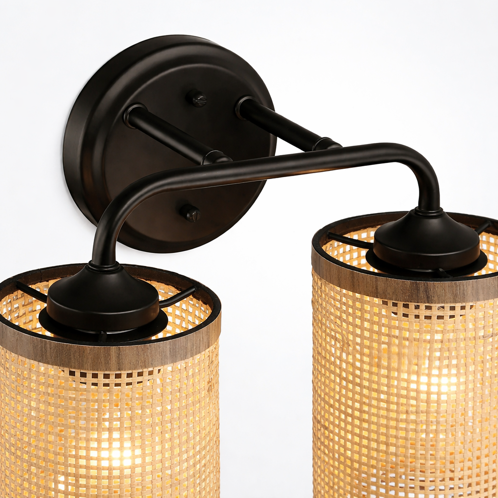 Quell Double Light Vanity With Natural Rattan Shade Wall Lamp