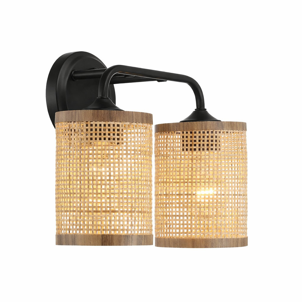 Quell Double Light Vanity With Natural Rattan Shade Wall Lamp