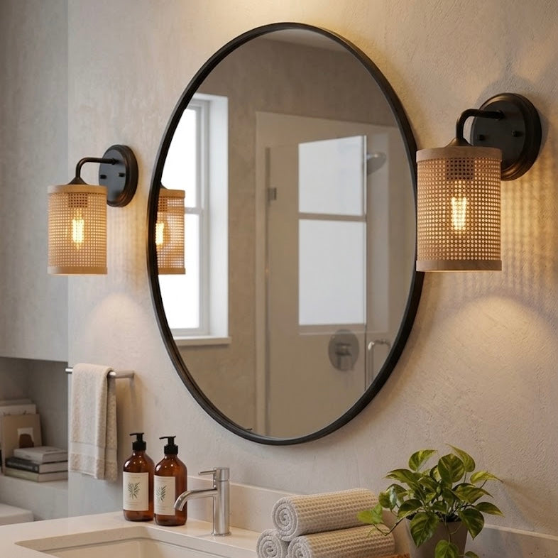 Reef Single Lights Wall Sconce With Natural Rattan Shade Rustic Wicker Wall Light