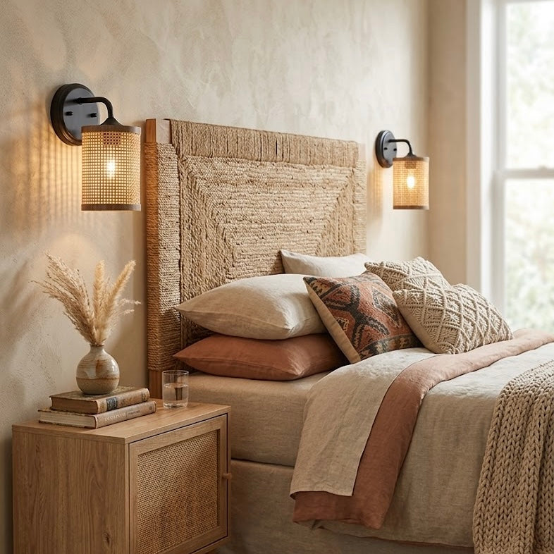 Reef Single Lights Wall Sconce With Natural Rattan Shade Rustic Wicker Wall Light