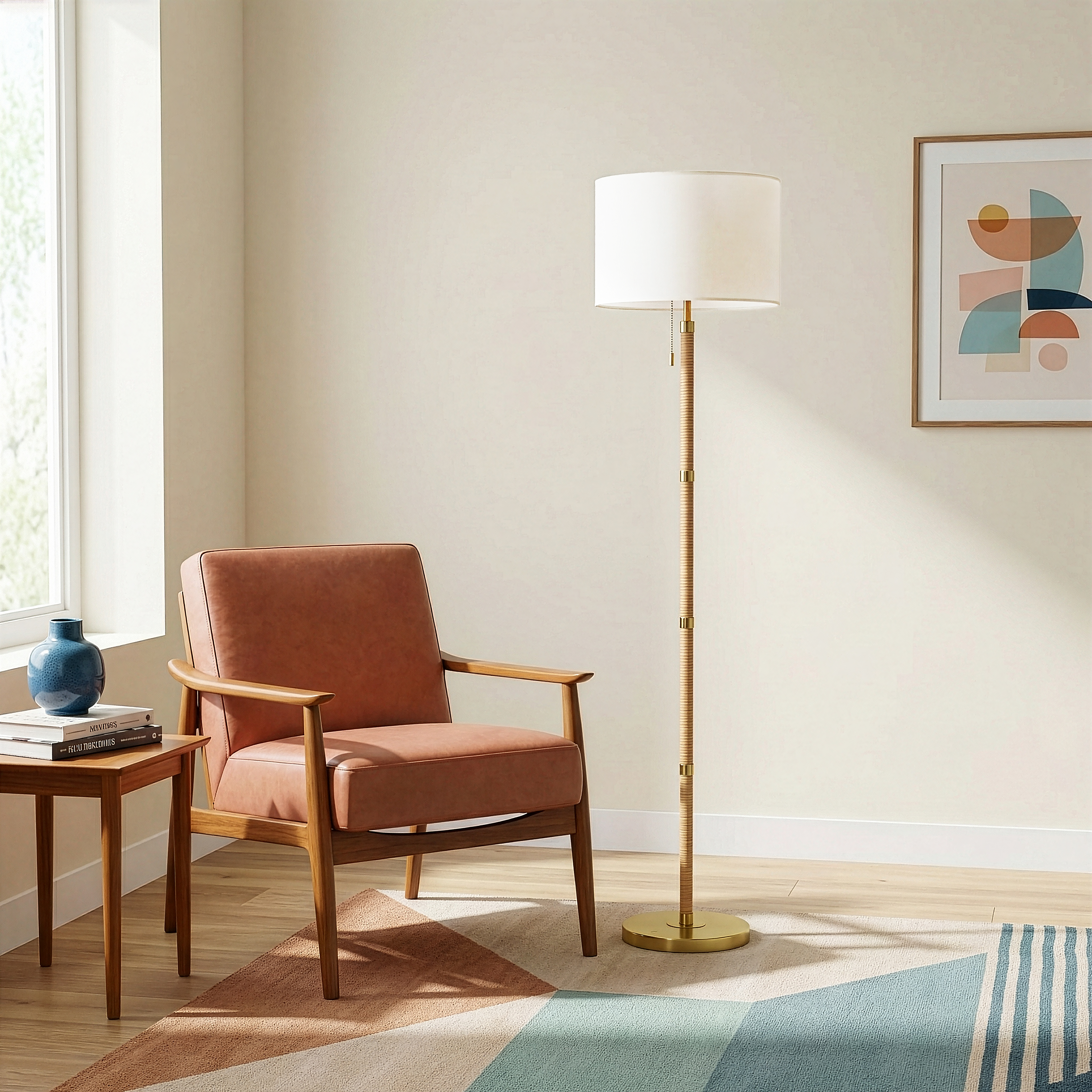 Stellar Wood Rattan Tube Floor Lamp