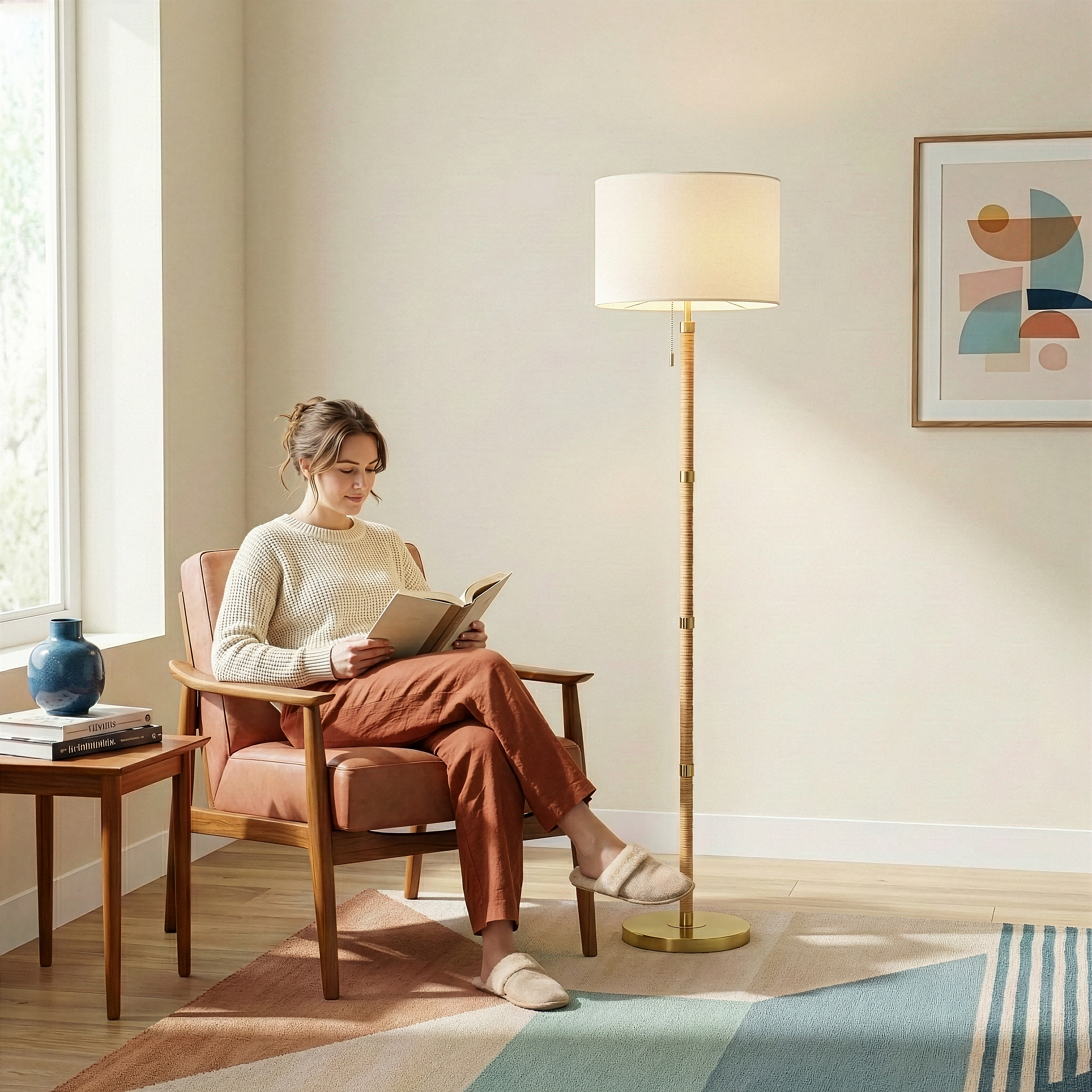 Stellar Wood Rattan Tube Floor Lamp