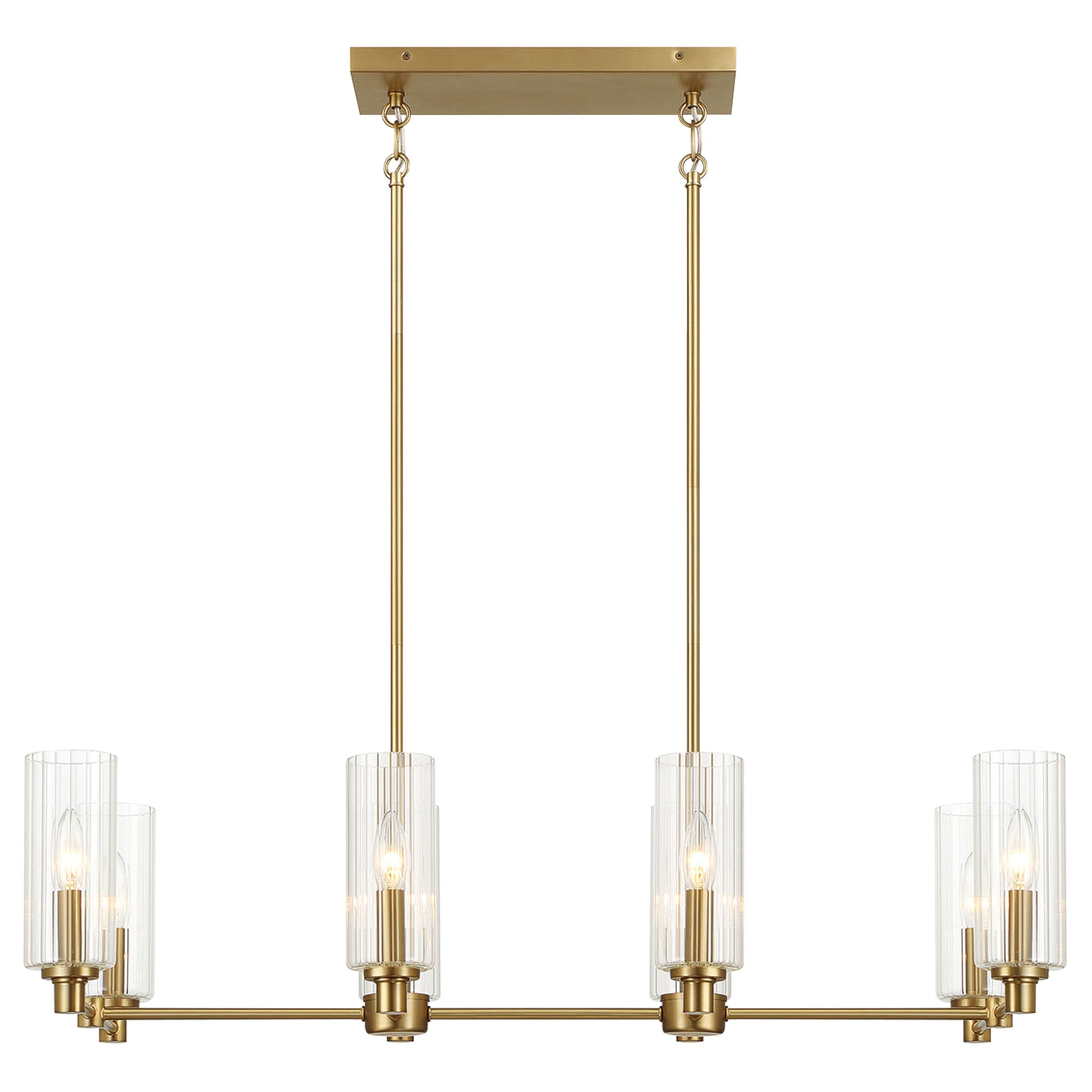 Willow Eight Lights Island With Clear Ribbed Glass Pendant Lamp - Satin Brass