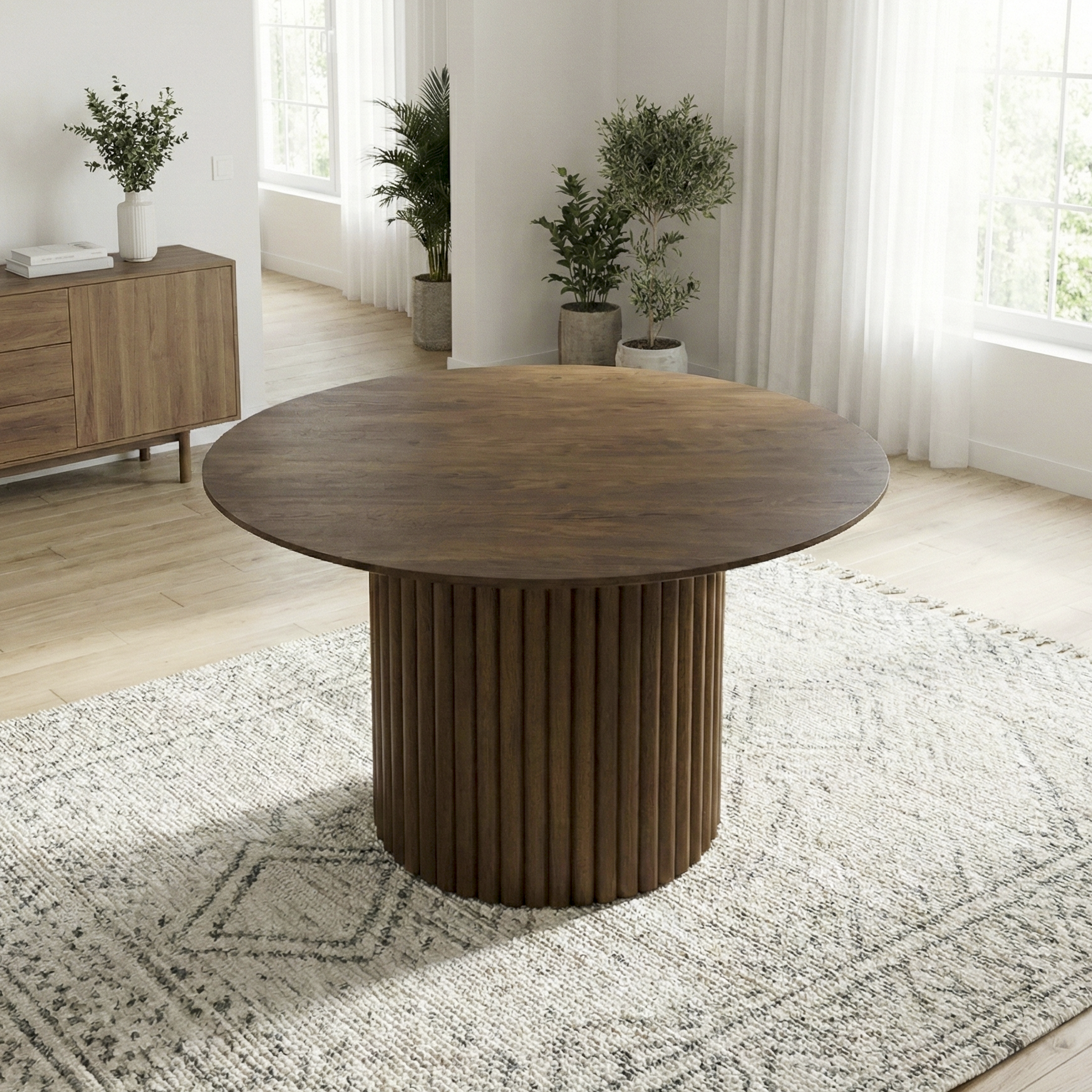 Arthur Solid Wood Round Dining Table with Ribbed Pedestal Base – Walnut Finish | New York Modern Furniture