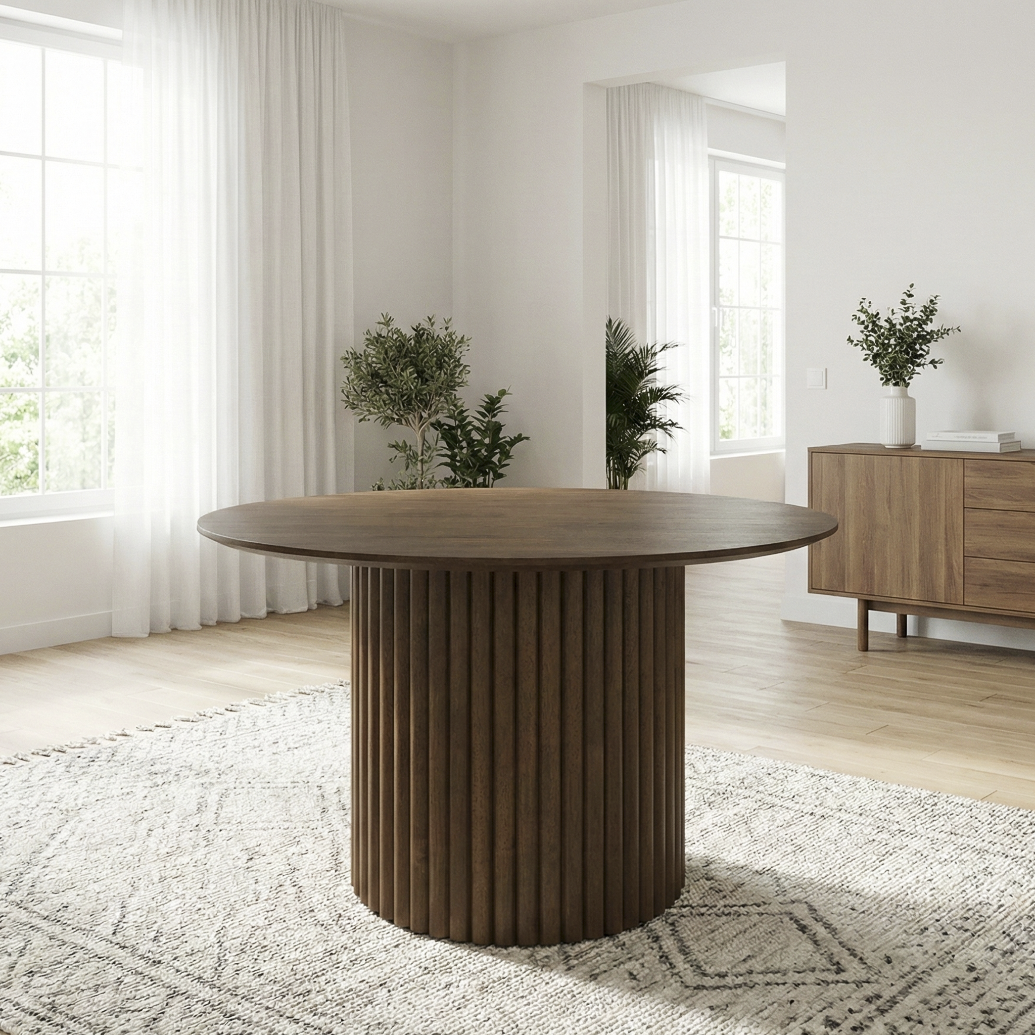Arthur Solid Wood Round Dining Table with Ribbed Pedestal Base – Walnut Finish | New York Modern Furniture