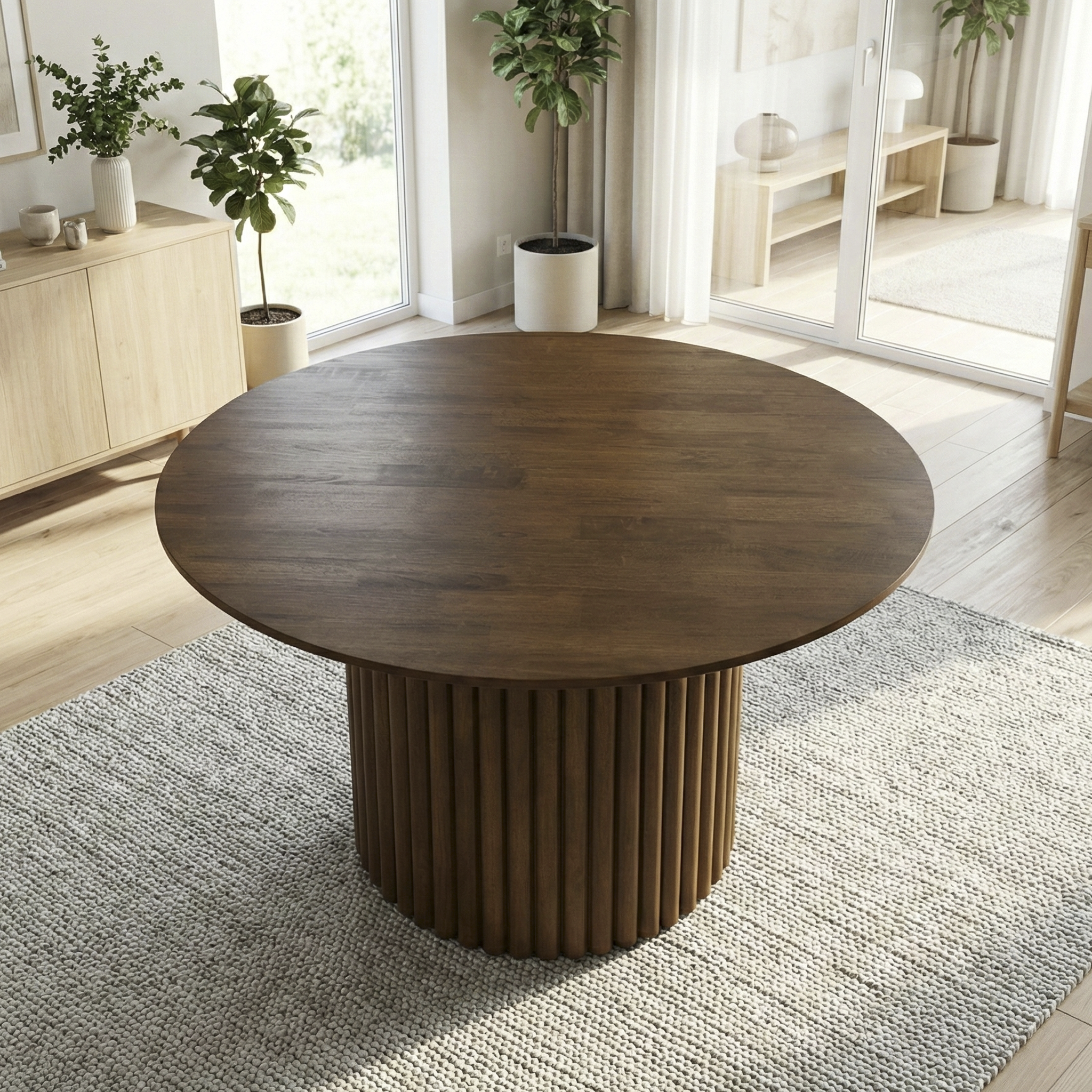 Arthur Solid Wood Round Dining Table with Ribbed Pedestal Base – Walnut Finish | New York Modern Furniture