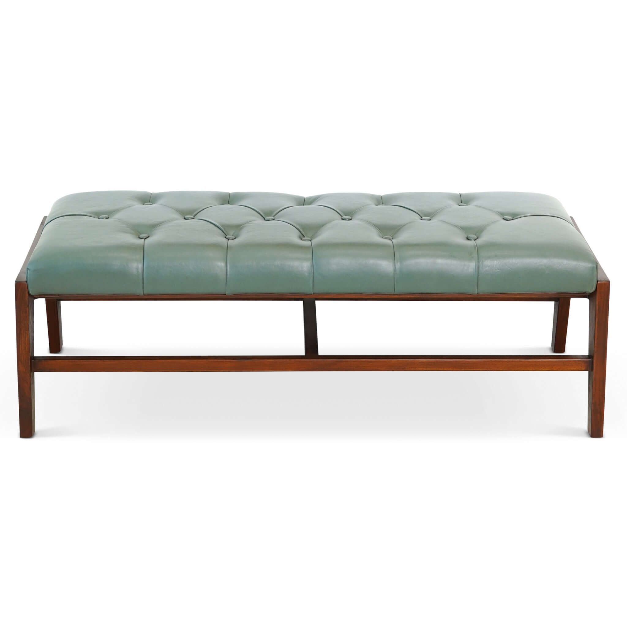 A green leather bench with button detailing, set on a solid walnut wood frame.