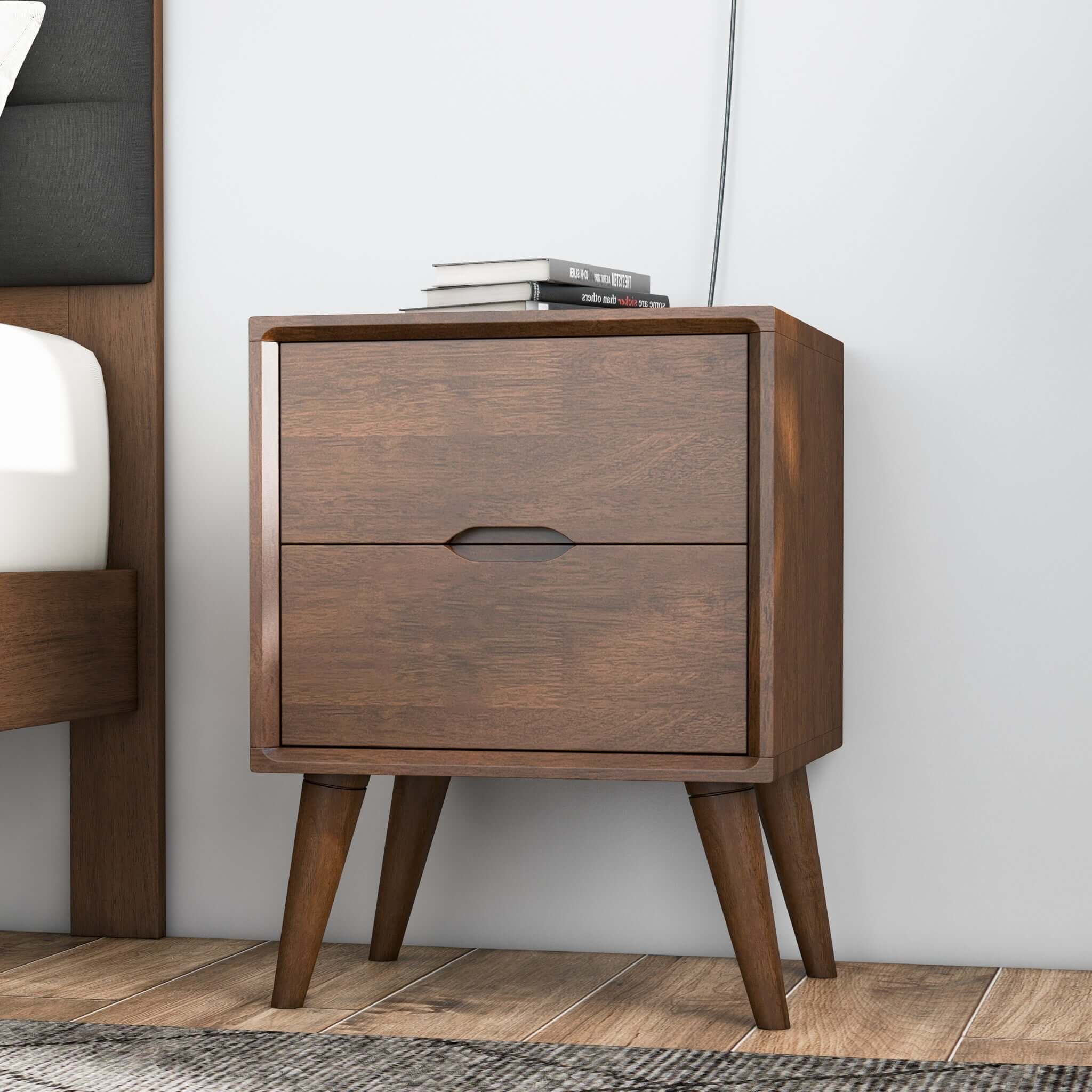 A brown walnut nightstand with two drawers and beveled edges, featuring a modern design with splayed legs.