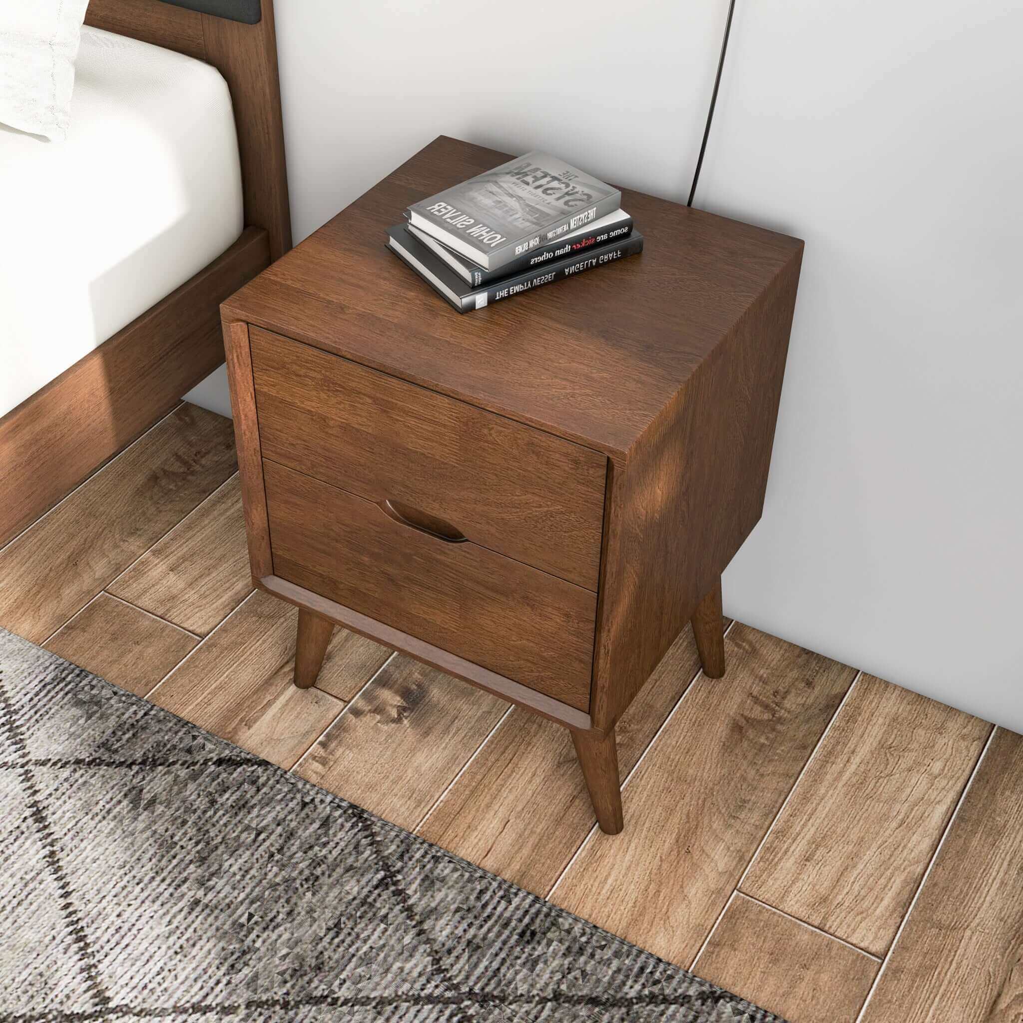 A brown walnut nightstand with two drawers and beveled edges, featuring a modern design with splayed legs.