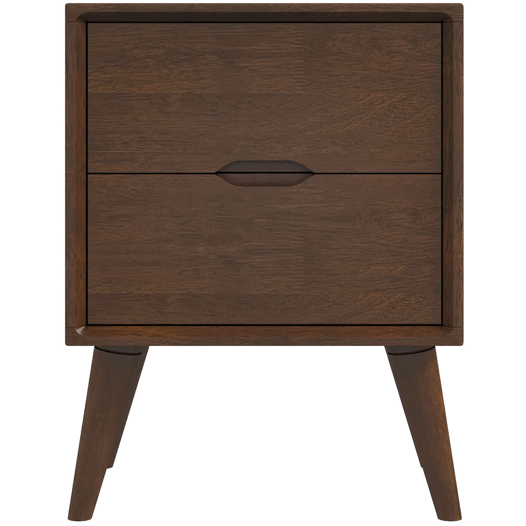 A brown walnut nightstand with two drawers and beveled edges, featuring a modern design with splayed legs.