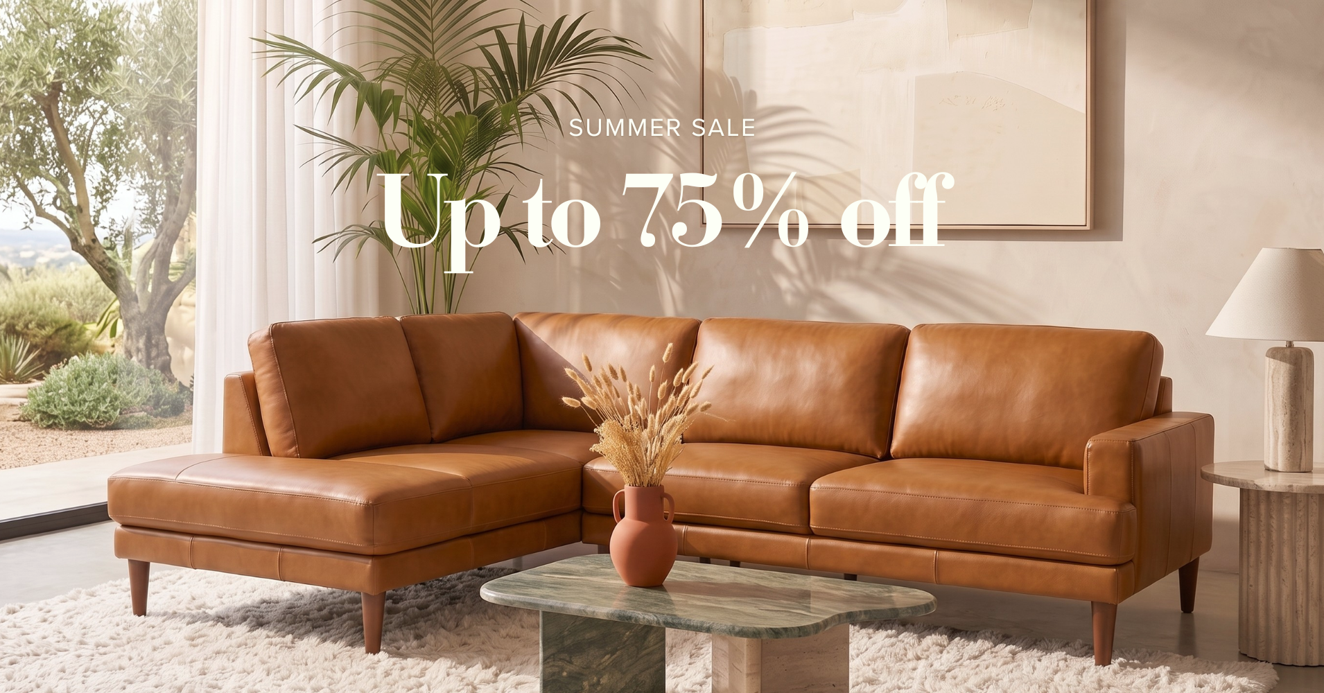 Summer Sale — up to 75% off, tan leather sectional sofa in a sunlit modern living room
