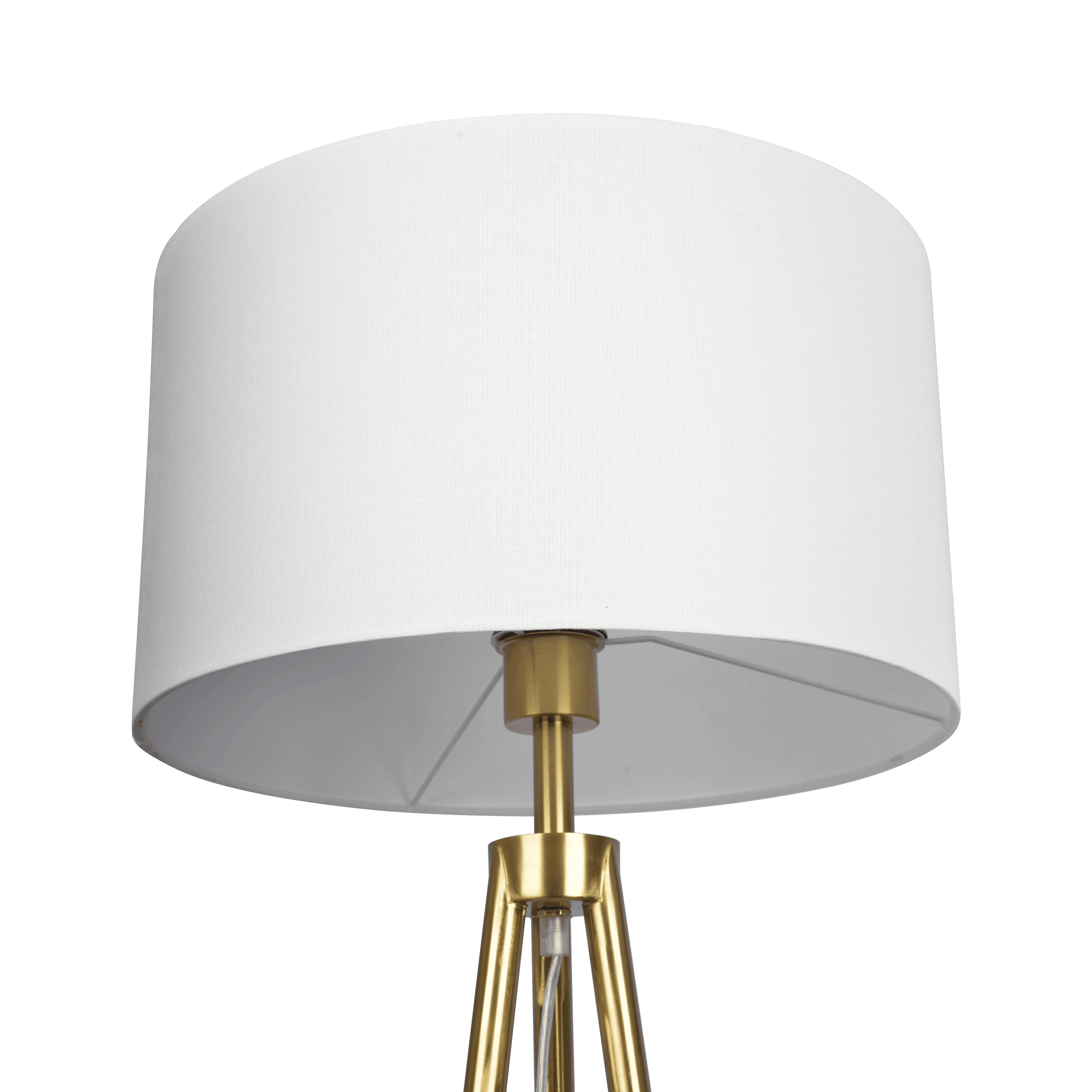 Duncan Brassed Gold Floor Lamp with On/Off Switch Triple Legs White Fabric Shade