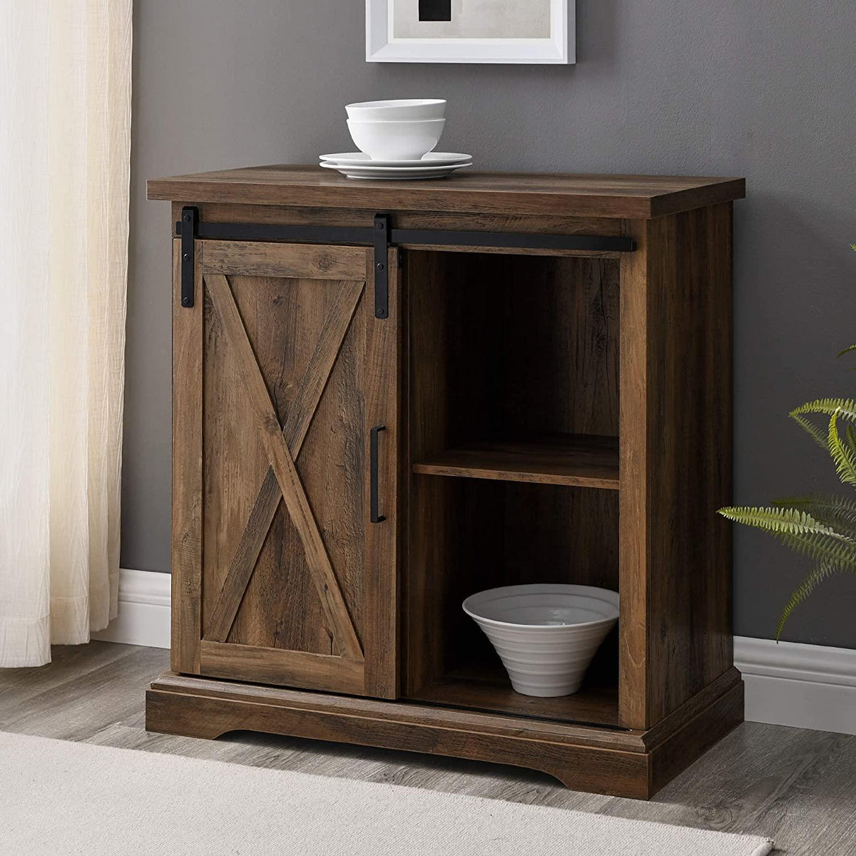 Alba Sliding Barn Door Farmhouse Accent Cabinet Rustic Oak Mdf/Metal 32X16X32H
